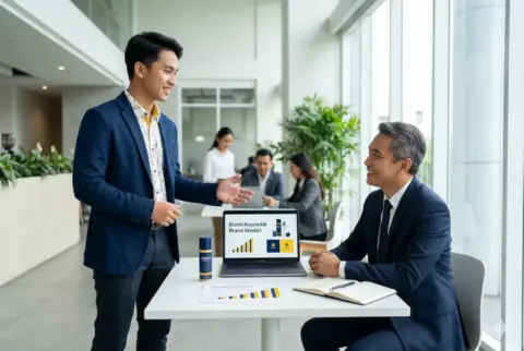 Mahasiswa mempresentasikan pitch deck bisnis kosmetik kepada investor di ruang kerja modern