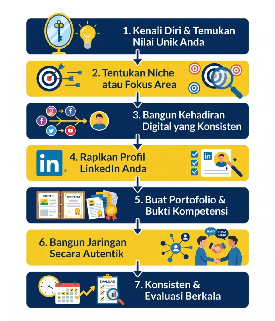 Infografis 7 langkah cara membangun personal branding mahasiswa mulai dari mengenali diri hingga evaluasi berkala