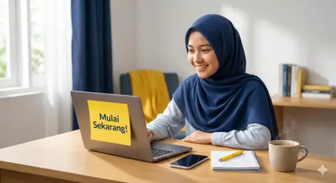Mahasiswi berhijab Indonesia bekerja di laptop dari kamar kos untuk memulai bisnis modal minim