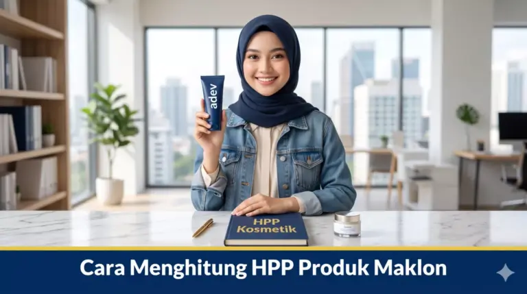 Mahasiswi memegang produk kosmetik maklon adev sambil menghitung HPP di meja kerja modern