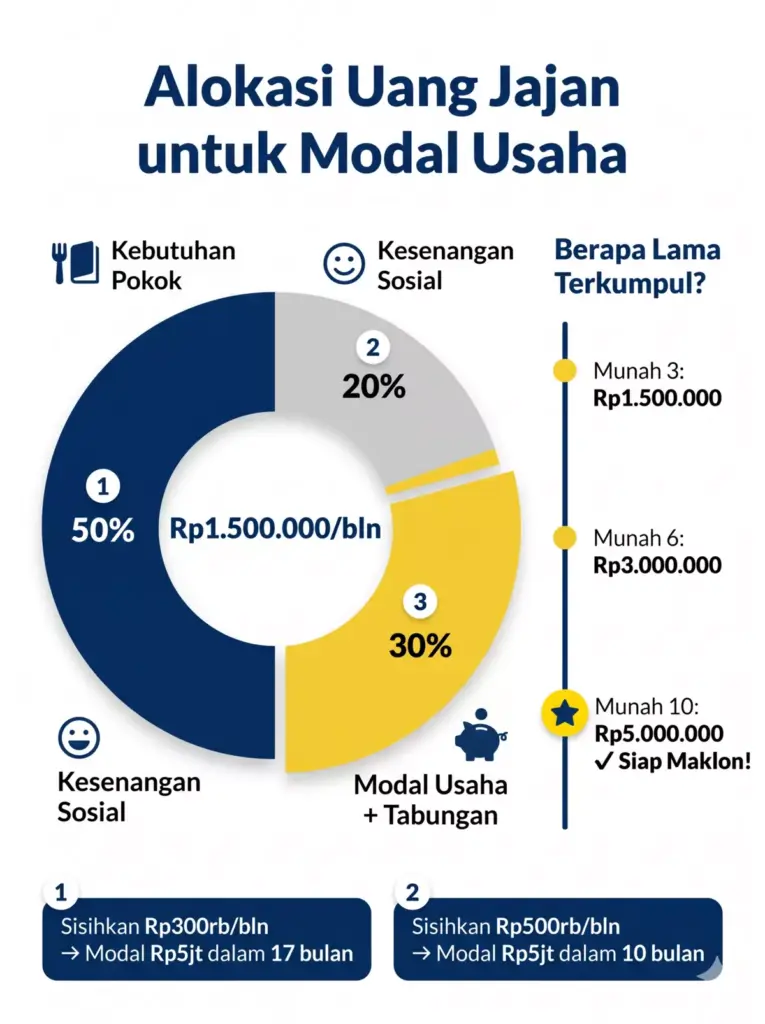 Infografis alokasi uang jajan mahasiswa metode 50-30-20 dan timeline mengumpulkan modal usaha Rp5 juta