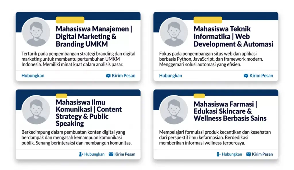 Empat contoh kalimat personal branding mahasiswa berbagai jurusan dalam format kartu profil LinkedIn — bisnis, teknik, komunikasi, farmasi