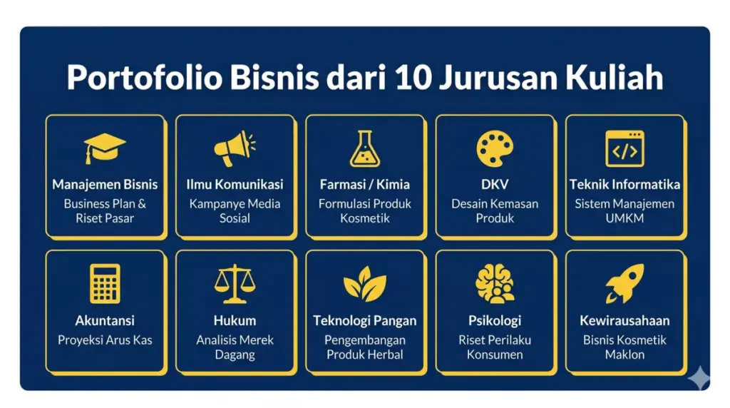 Infografis contoh portofolio bisnis dari 10 jurusan kuliah, dari manajemen hingga farmasi dan kewirausahaan