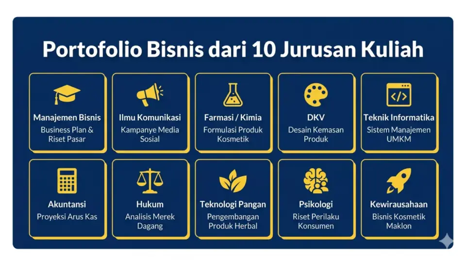 Infografis contoh portofolio bisnis dari 10 jurusan kuliah, dari manajemen hingga farmasi dan kewirausahaan