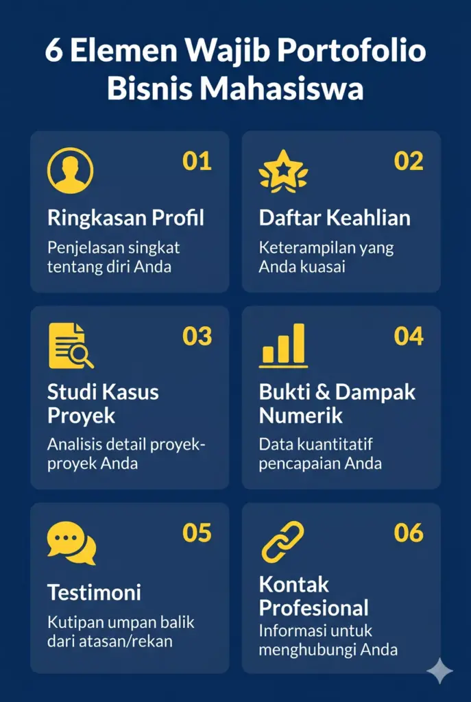 Infografis 6 elemen wajib portofolio bisnis mahasiswa: profil, keahlian, studi kasus, data, testimoni, kontak