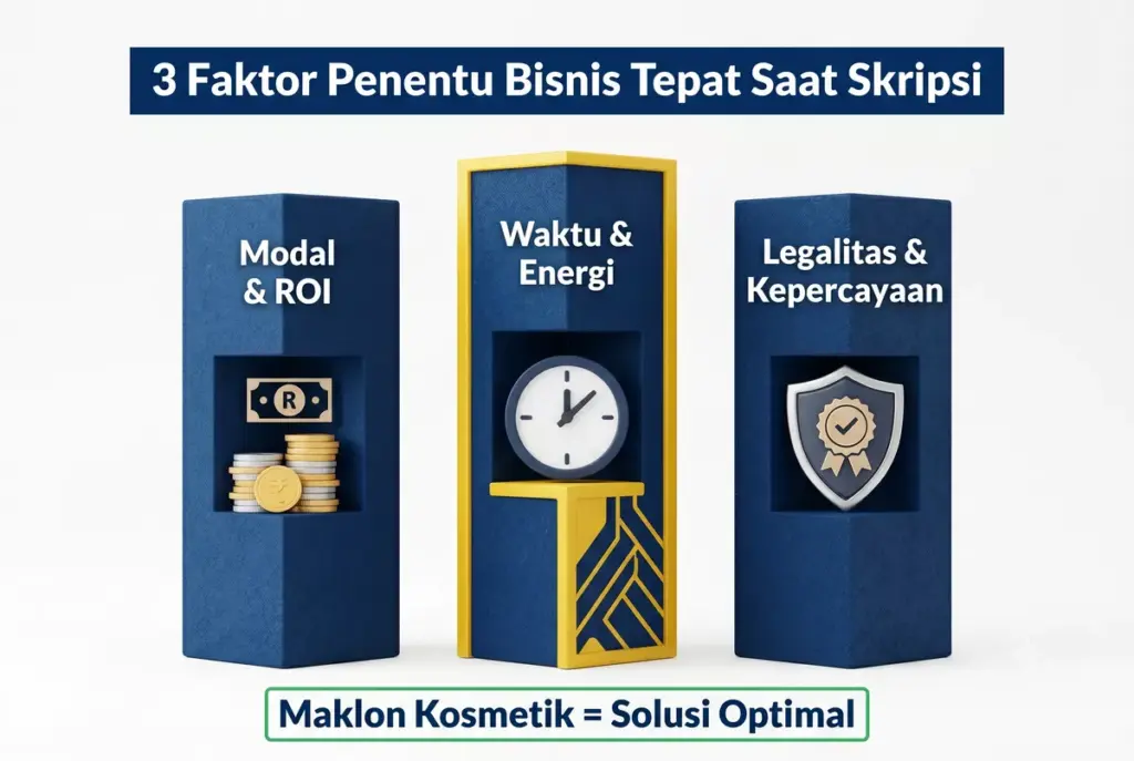Infografis tiga faktor pertimbangan memilih bisnis saat skripsi: modal ROI, waktu energi, dan legalitas produk