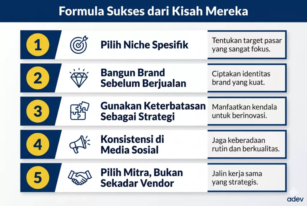 Infografis 5 pola sukses bisnis kosmetik mahasiswa — niche spesifik, branding, strategi keterbatasan, media sosial, dan mitra tepat