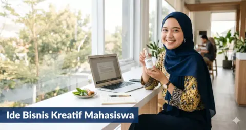 Mahasiswi hijab Indonesia memulai ide bisnis kreatif skincare di meja kerja modern