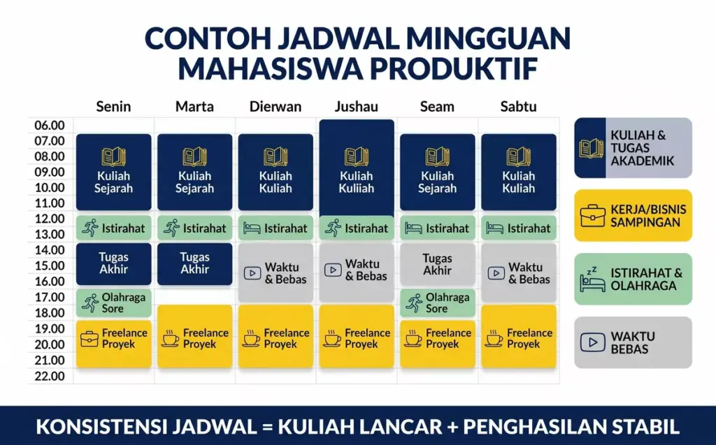 Contoh jadwal mingguan time-blocking mahasiswa yang kuliah sambil kerja dan bisnis sampingan