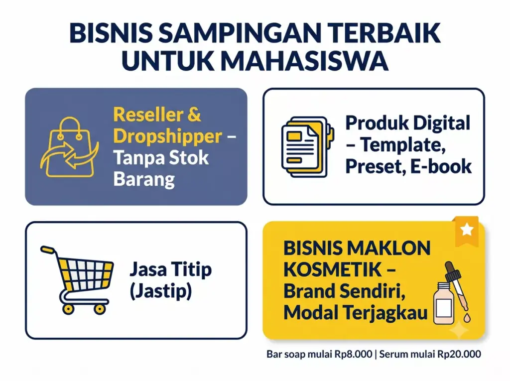 Infografis 4 jenis bisnis sampingan mahasiswa modal kecil termasuk bisnis maklon kosmetik