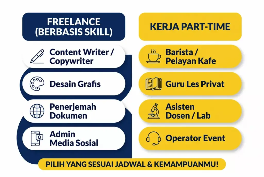 Infografis perbandingan jenis kerja sampingan freelance dan part-time yang cocok untuk mahasiswa