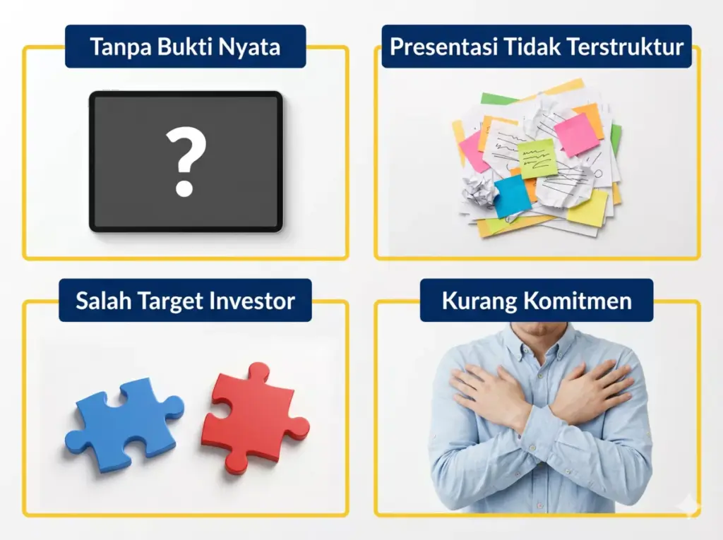 Infografis 4 kesalahan umum mahasiswa saat pitching ke investor: tanpa bukti nyata, presentasi tidak terstruktur, salah target investor, kurang komitmen