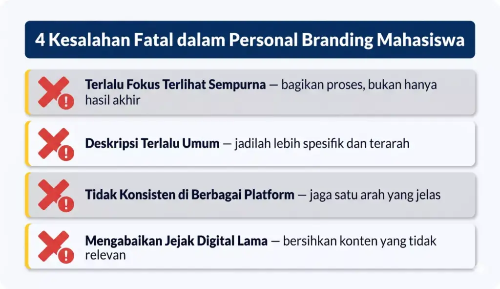 Infografis 4 kesalahan umum dalam personal branding mahasiswa: terlalu sempurna, terlalu umum, tidak konsisten, mengabaikan jejak digital
