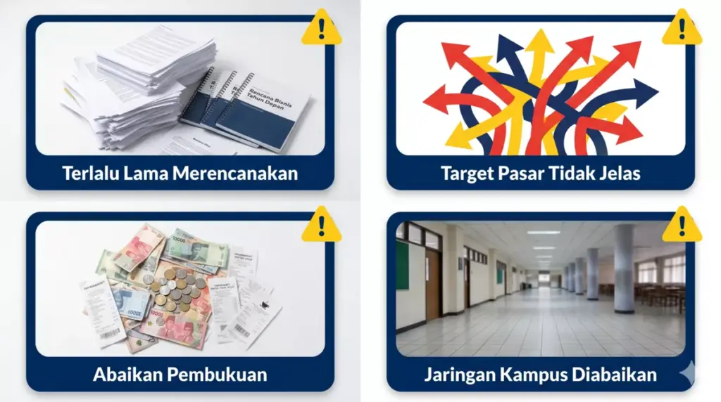 4 kesalahan umum mahasiswa saat memulai bisnis: over-planning, target pasar kabur, abaikan cashflow, dan jaringan kampus