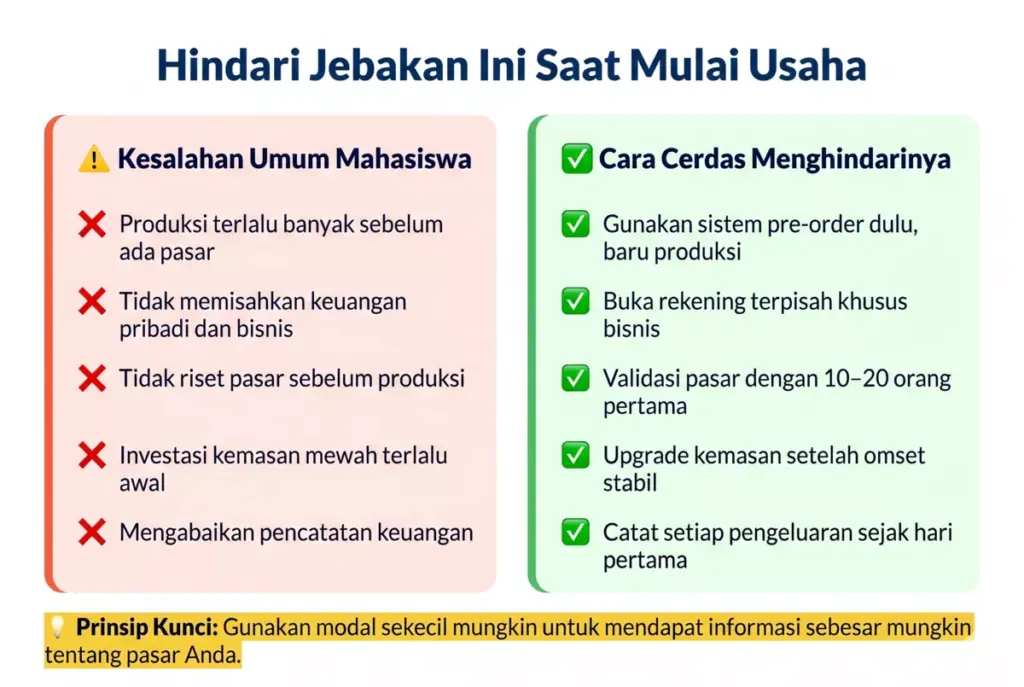 Infografis kesalahan umum mahasiswa saat memulai usaha dan cara menghindarinya dengan checklist do's and don'ts