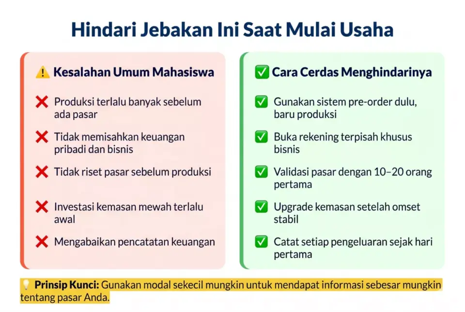 Infografis kesalahan umum mahasiswa saat memulai usaha dan cara menghindarinya dengan checklist do's and don'ts