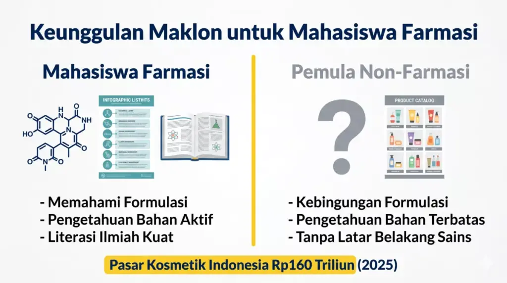 Infografis perbandingan keunggulan mahasiswa farmasi vs non-farmasi dalam bisnis maklon kosmetik skincare