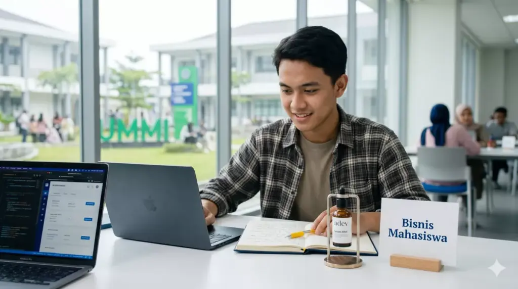Mahasiswa kuliah sambil berbisnis skincare maklon kosmetik di co-working space kampus dengan produk skincare di meja