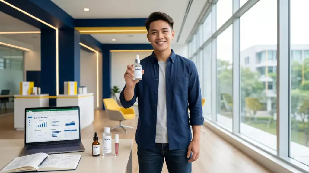 Mahasiswa laki-laki berkonsultasi bisnis kosmetik maklon dengan produk Adev di ruang meeting modern