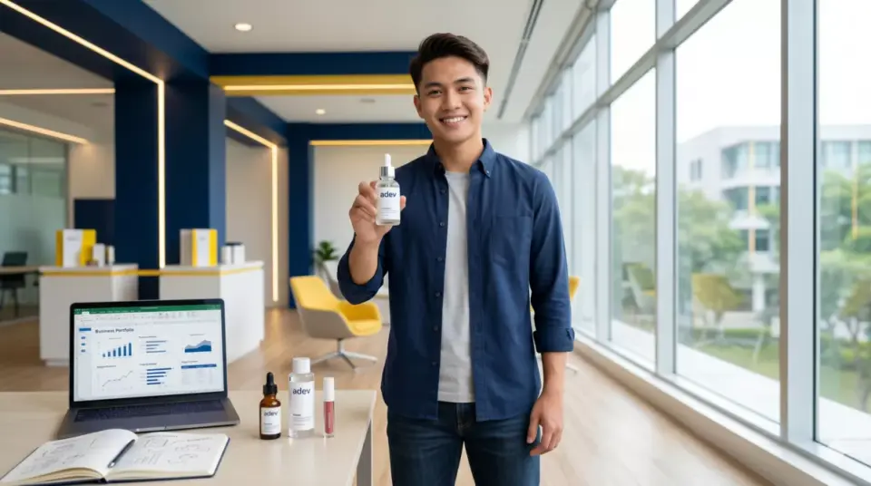 Mahasiswa laki-laki berkonsultasi bisnis kosmetik maklon dengan produk Adev di ruang meeting modern