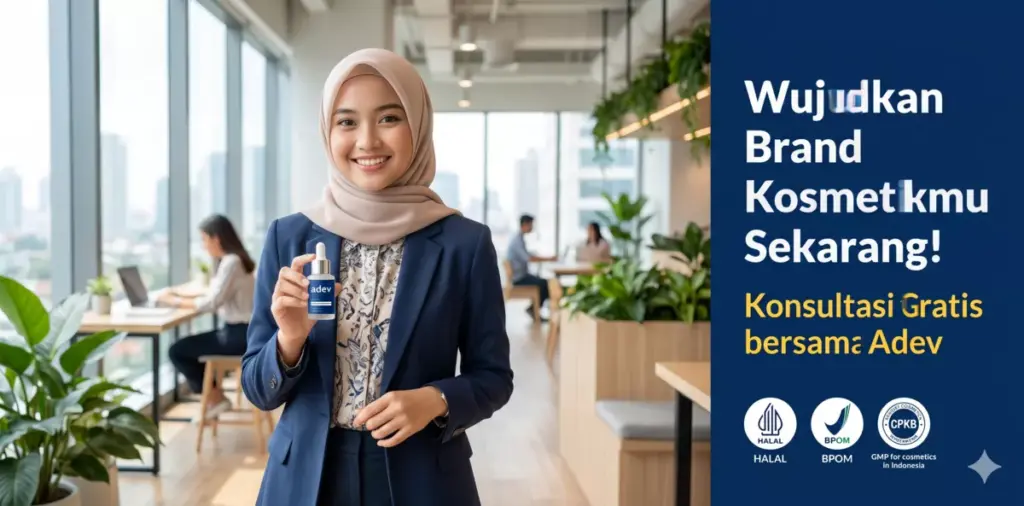 Mahasiswi entrepreneur memegang produk kosmetik brand sendiri hasil maklon Adev dengan tagline konsultasi gratis wujudkan brand kosmetikmu