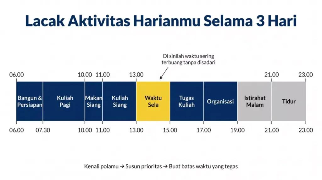 Infografis timeline pelacak aktivitas harian mahasiswa dari pagi hingga malam untuk mengenali pola waktu yang terbuang