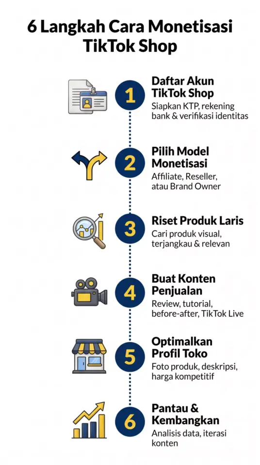Infografis 6 langkah cara monetisasi TikTok Shop: daftar akun, pilih model, riset produk, buat konten, optimalkan toko
