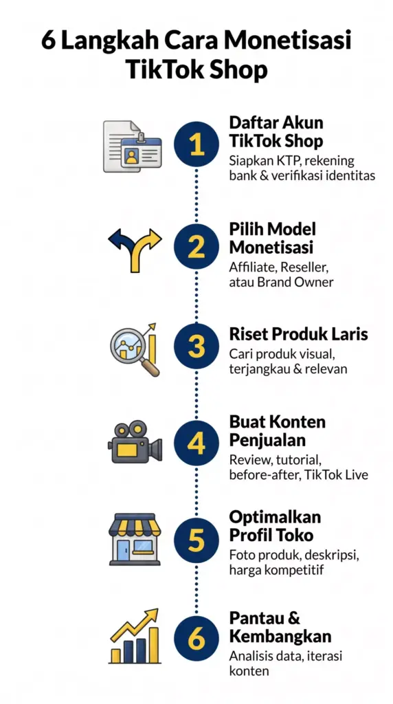Infografis 6 langkah cara monetisasi TikTok Shop: daftar akun, pilih model, riset produk, buat konten, optimalkan toko