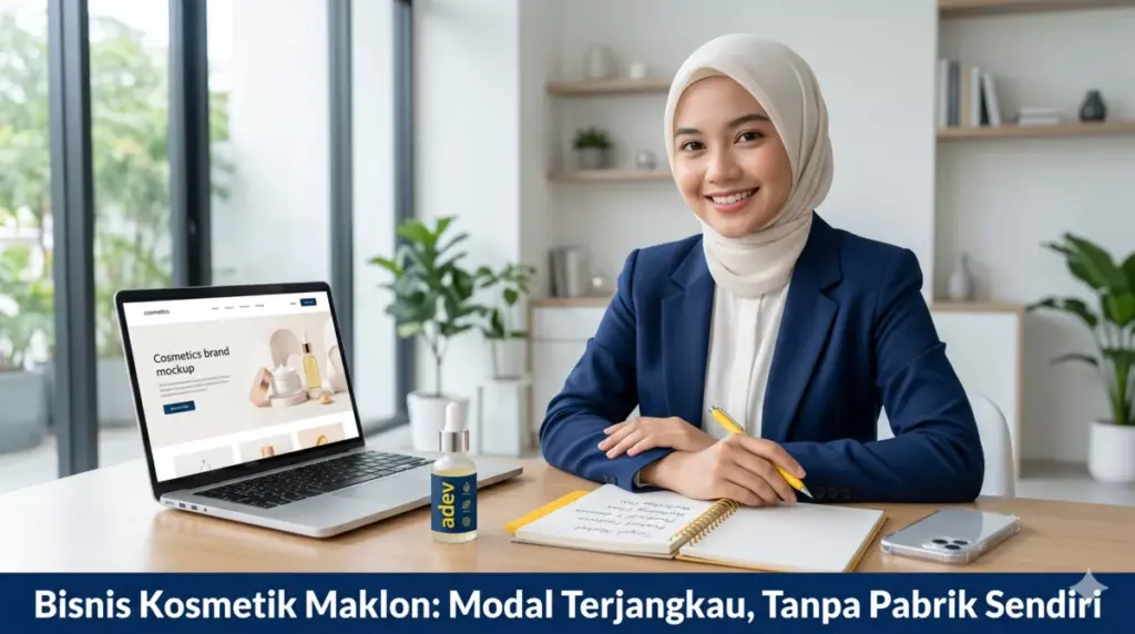 	Mahasiswi berhijab mengelola bisnis kosmetik maklon dari laptop di meja belajar modern dengan produk Adev Natural Indonesia