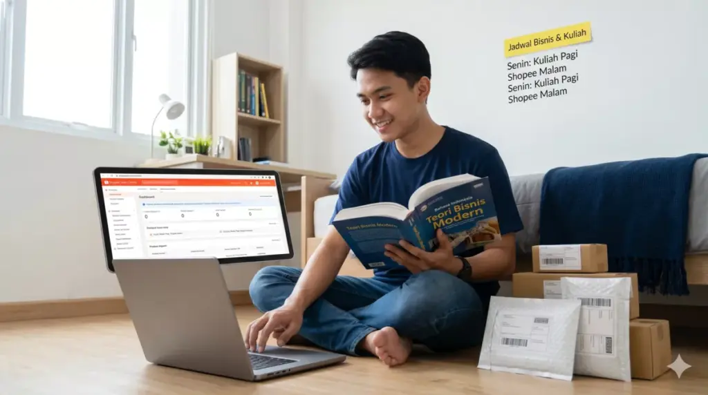 Mahasiswa Indonesia menjalankan bisnis online sambil kuliah, multitasking dengan laptop dan buku