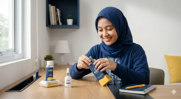 Mahasiswi berhijab mengemas produk skincare brand adev di kamar kos — kisah mahasiswa sukses berbisnis kosmetik