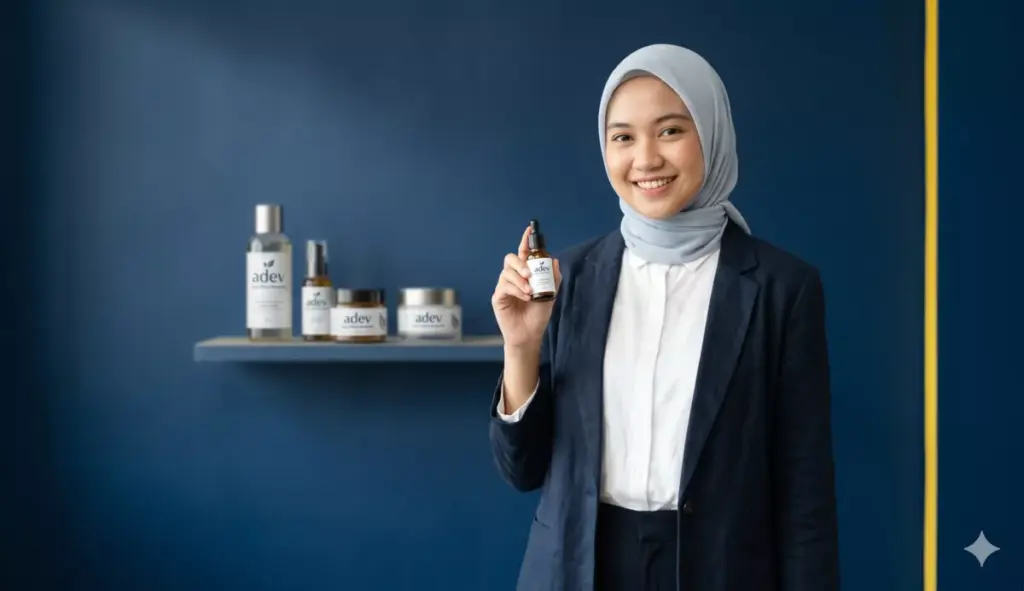 Mahasiswi Indonesia percaya diri memegang produk skincare adev — sukses bisnis kosmetik tidak perlu menunggu wisuda
