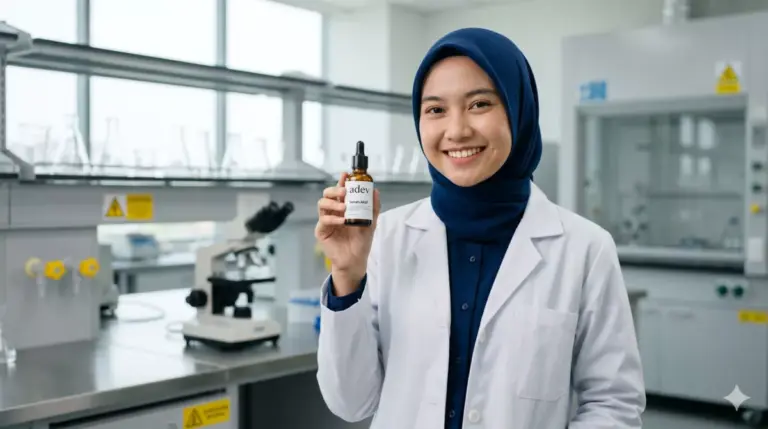 Mahasiswa farmasi berhijab di laboratorium kosmetik modern memegang produk skincare brand sendiri hasil maklon