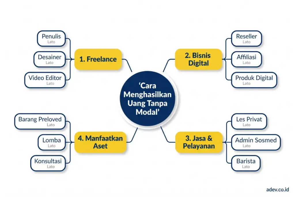 Mind map cara mahasiswa menghasilkan uang tanpa modal: freelance, bisnis digital, jasa, dan manfaatkan aset