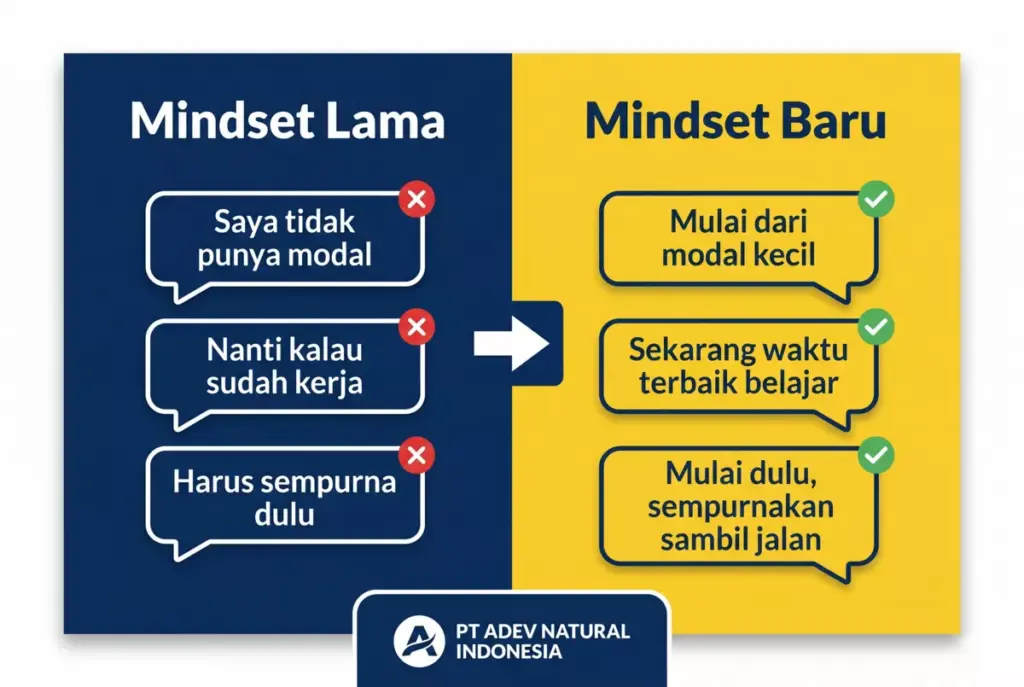 Infografis perbandingan mindset lama vs mindset baru mahasiswa dalam memulai usaha dengan modal kecil