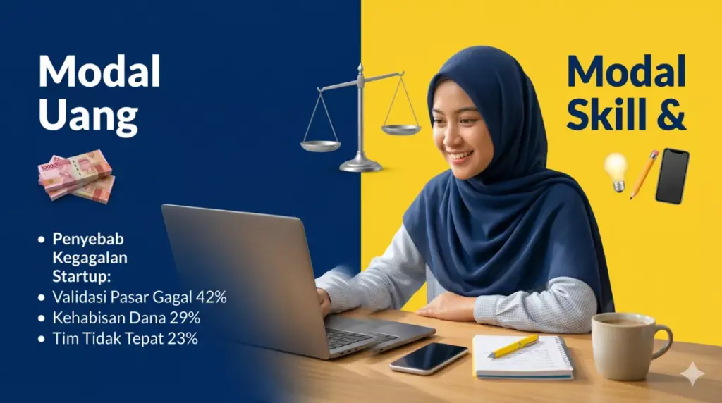 Infografis perbandingan modal uang versus modal skill dan ide dalam memulai bisnis mahasiswa