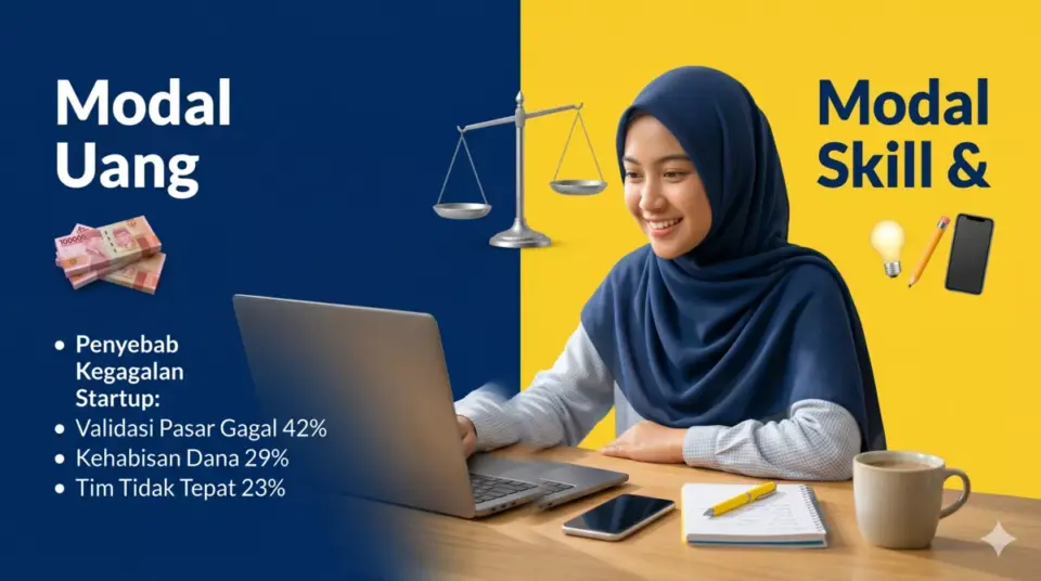 Infografis perbandingan modal uang versus modal skill dan ide dalam memulai bisnis mahasiswa