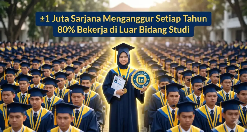 Ilustrasi mahasiswa menonjol dari kerumunan wisudawan berkat personal branding, dengan data statistik pengangguran sarjana Indonesia