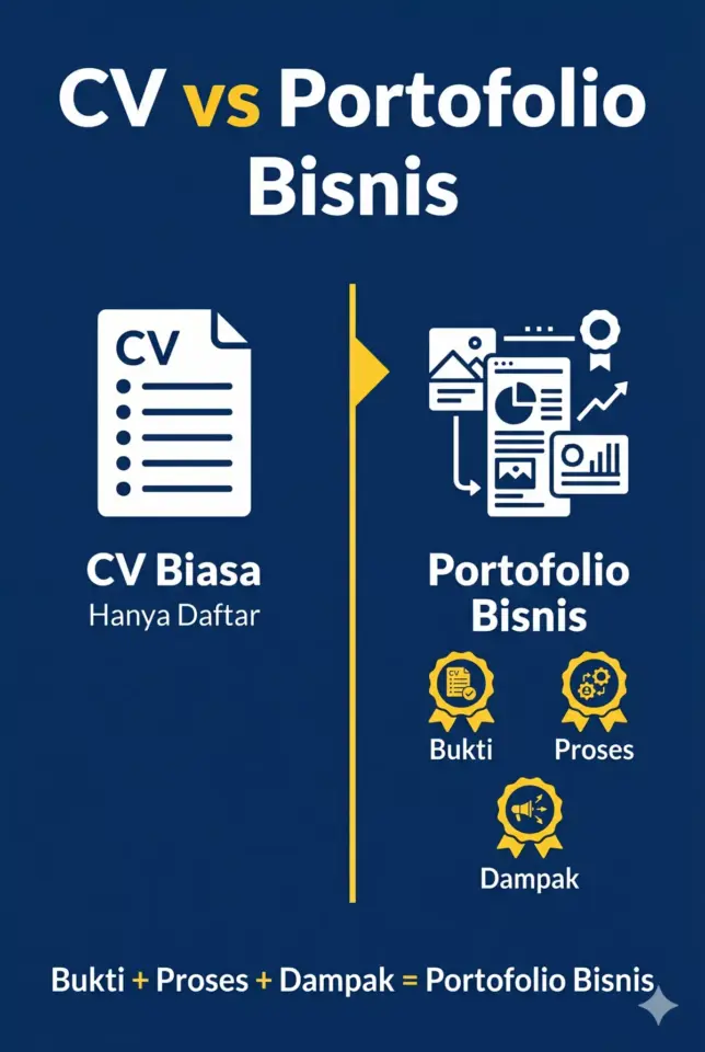 Infografis perbedaan CV biasa dan portofolio bisnis mahasiswa: bukti, proses, dampak