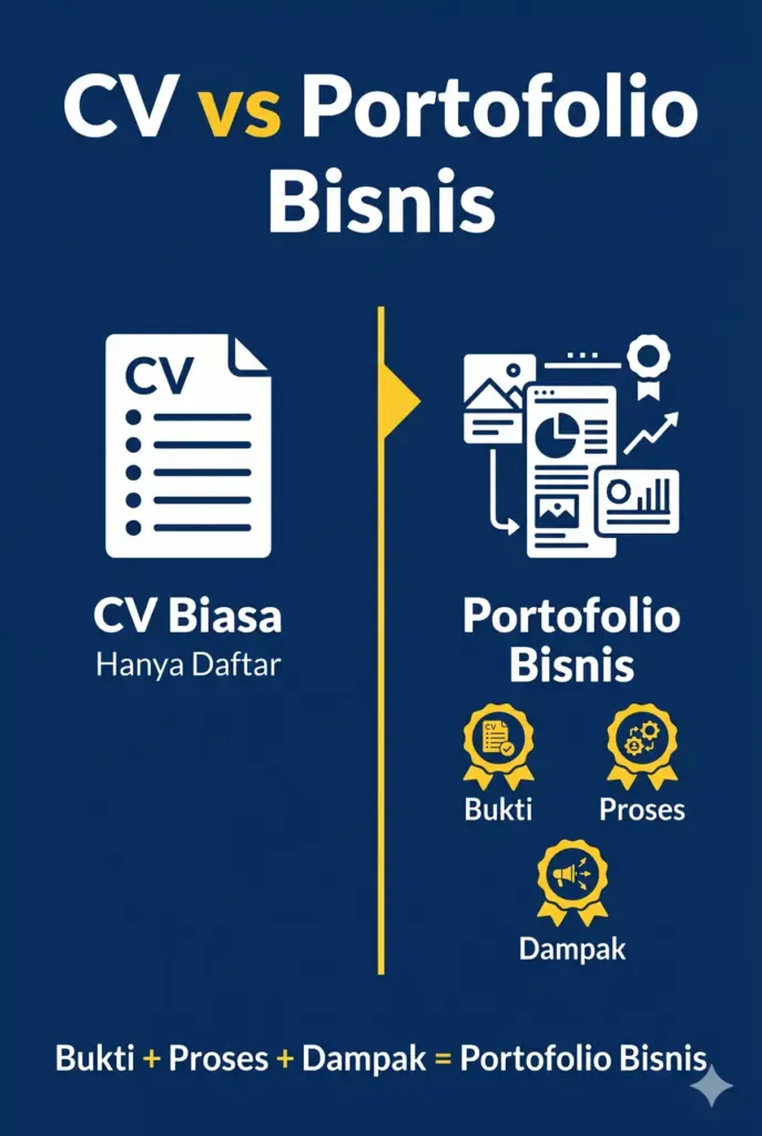 Infografis perbedaan CV biasa dan portofolio bisnis mahasiswa: bukti, proses, dampak