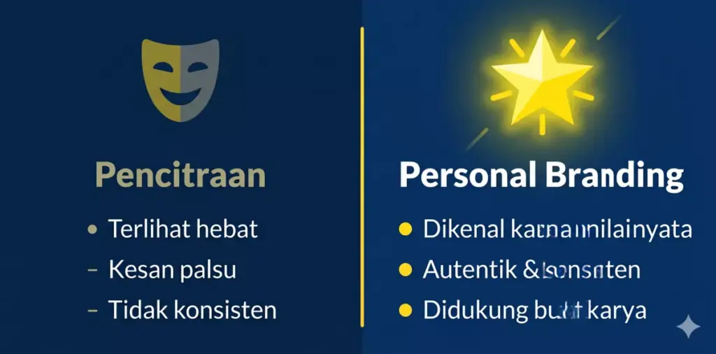 Infografis perbedaan personal branding dan pencitraan bagi mahasiswa dalam dua kolom perbandingan