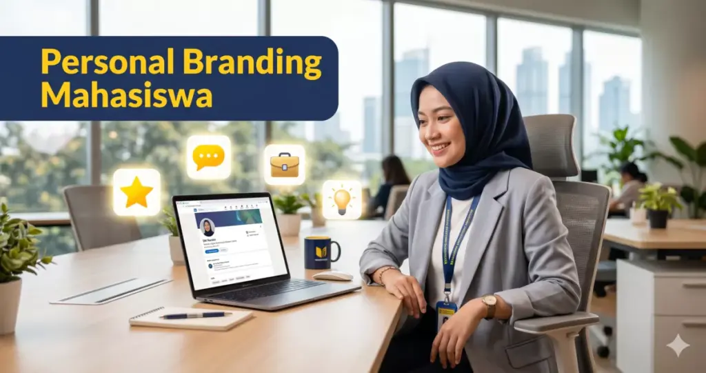 Mahasiswa Indonesia membangun personal branding profesional dengan laptop dan ikon digital di sekitarnya