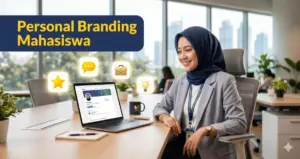 Mahasiswa Indonesia membangun personal branding profesional dengan laptop dan ikon digital di sekitarnya