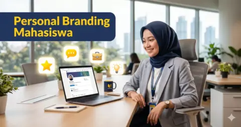 Mahasiswa Indonesia membangun personal branding profesional dengan laptop dan ikon digital di sekitarnya