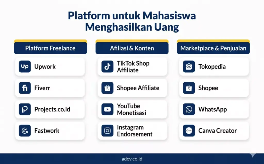 Infografis platform online untuk mahasiswa menghasilkan uang adalah freelance di Upwork dan Fiverr, afiliasi TikTok Shop, marketplace Tokopedia