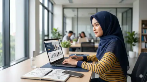 Mahasiswa perempuan berhijab membangun portofolio bisnis kosmetik di laptop