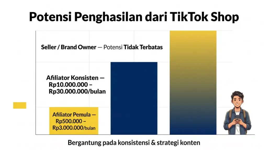 Infografis potensi penghasilan TikTok Shop mahasiswa, dari afiliator pemula hingga brand owner per bulan