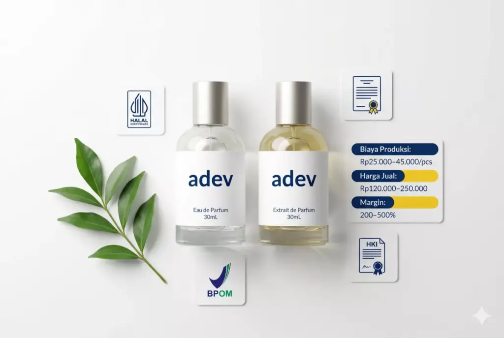 Produk parfum maklon adev Eau de Parfum dan Extrait de Parfum 30ml dengan proyeksi margin bisnis 200–500% untuk mahasiswa entrepreneur
