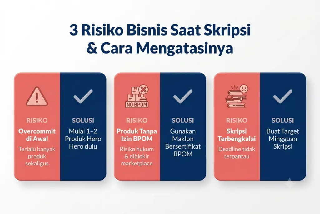 Infografis 3 risiko bisnis saat skripsi: overcommit, produk tanpa BPOM, dan skripsi terbengkalai beserta solusinya