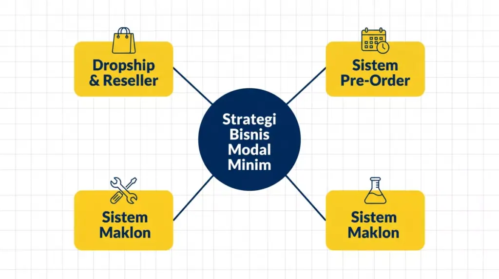 Mindmap empat strategi bisnis modal minim untuk mahasiswa Indonesia: dropship, pre-order, bisnis jasa, dan maklon
